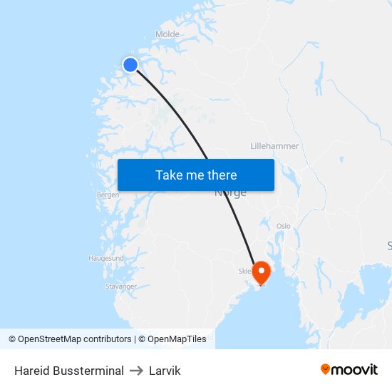 Hareid Bussterminal to Larvik map