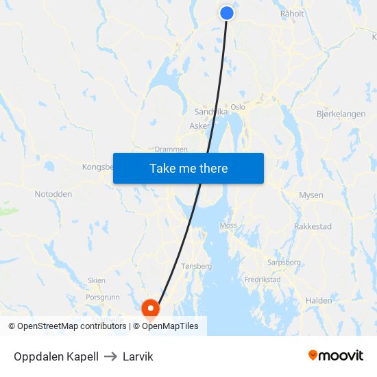 Oppdalen Kapell to Larvik map