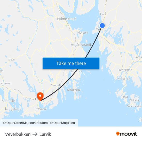 Veverbakken to Larvik map