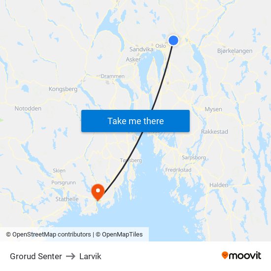 Grorud Senter to Larvik map