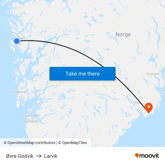 Øvre Godvik to Larvik map