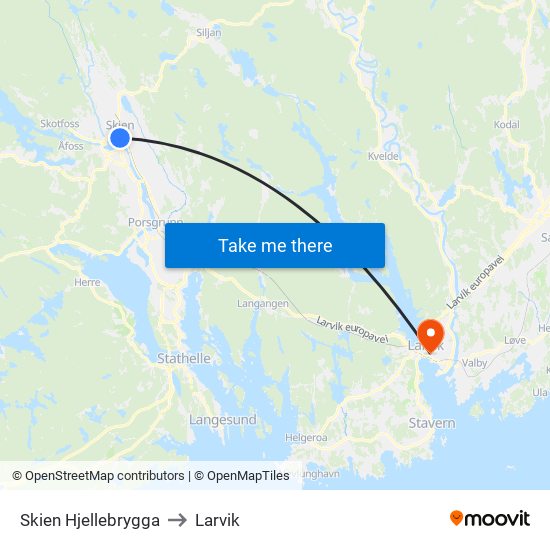 Skien Hjellebrygga to Larvik map
