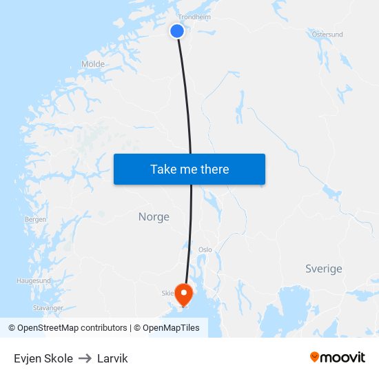 Evjen Skole to Larvik map