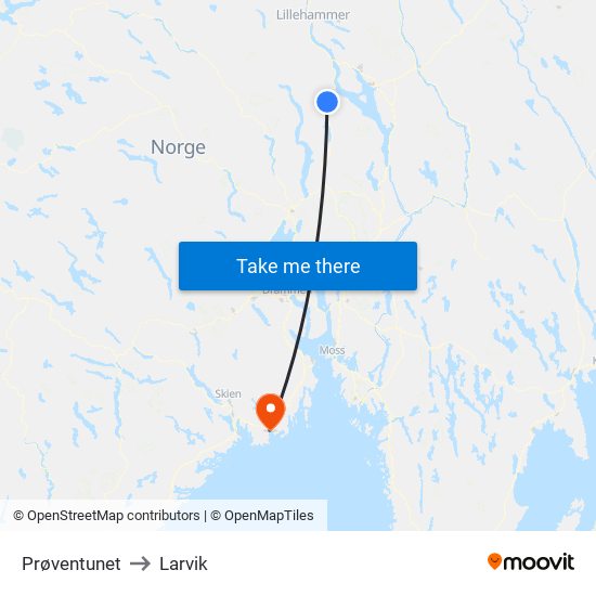 Prøventunet to Larvik map