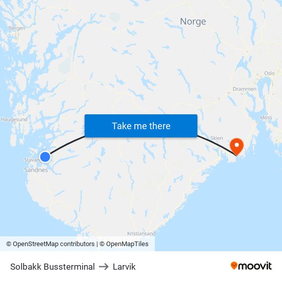 Solbakk Bussterminal to Larvik map