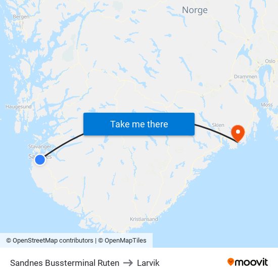 Sandnes Bussterminal Ruten to Larvik map