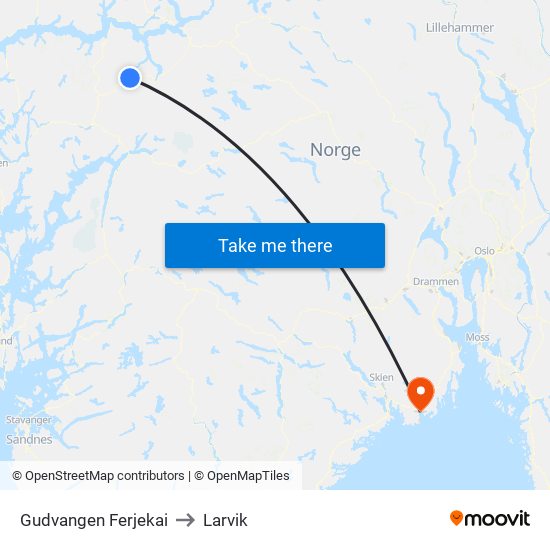 Gudvangen Ferjekai to Larvik map