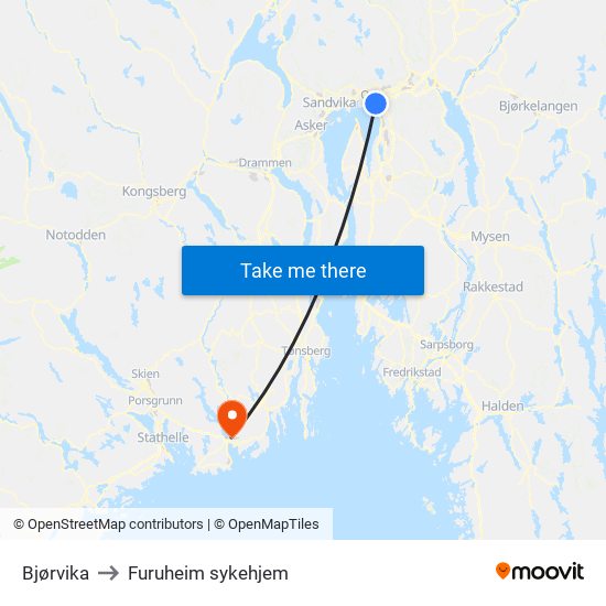 Bjørvika to Furuheim sykehjem map