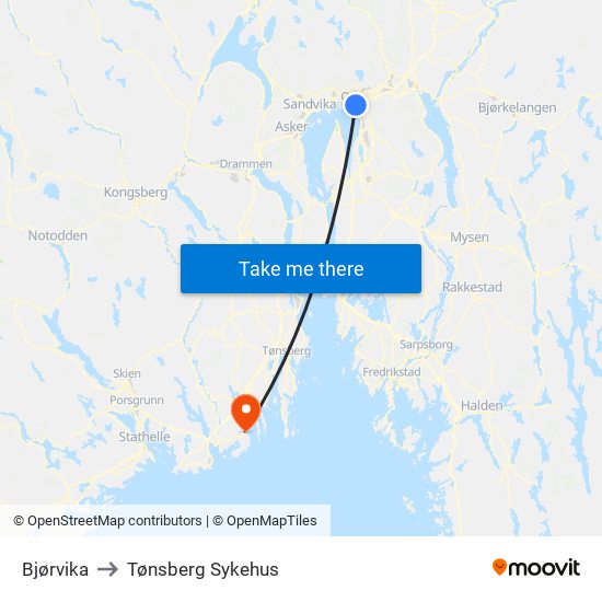 Bjørvika to Tønsberg Sykehus map