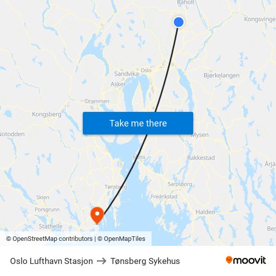 Oslo Lufthavn Stasjon to Tønsberg Sykehus map