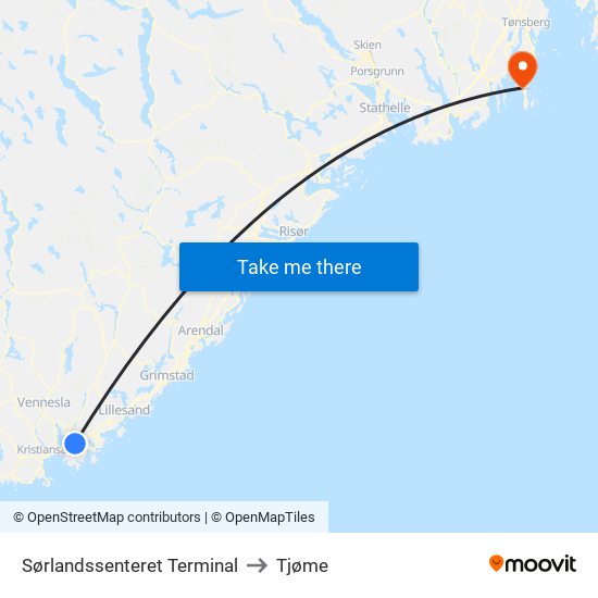 Sørlandssenteret Terminal to Tjøme map