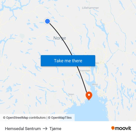 Hemsedal Sentrum to Tjøme map