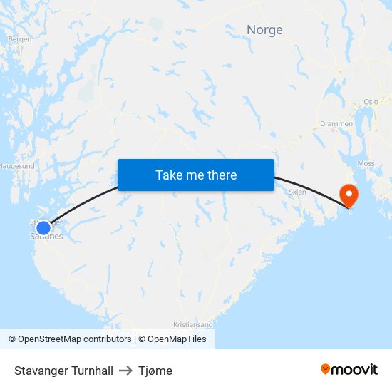 Stavanger Turnhall to Tjøme map