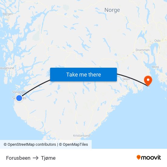 Forusbeen to Tjøme map