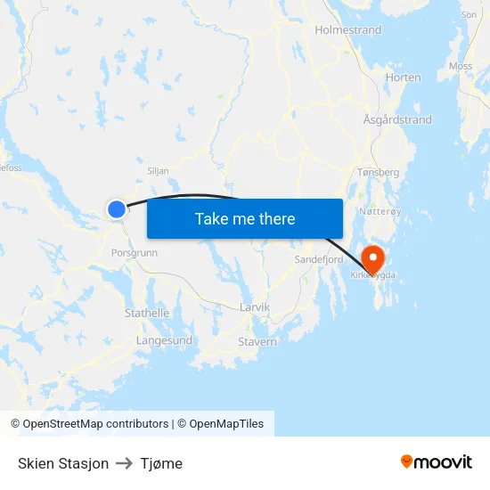 Skien Stasjon to Tjøme map