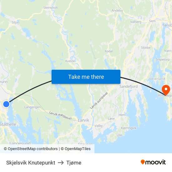 Skjelsvik Knutepunkt to Tjøme map