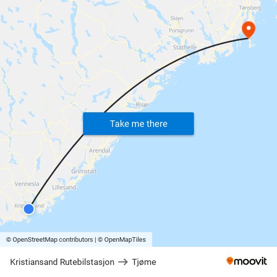 Kristiansand Rutebilstasjon to Tjøme map