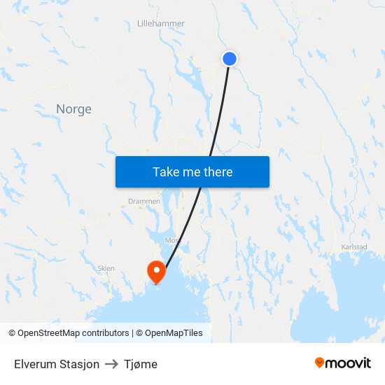 Elverum Stasjon to Tjøme map