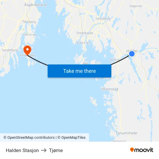 Halden Stasjon to Tjøme map