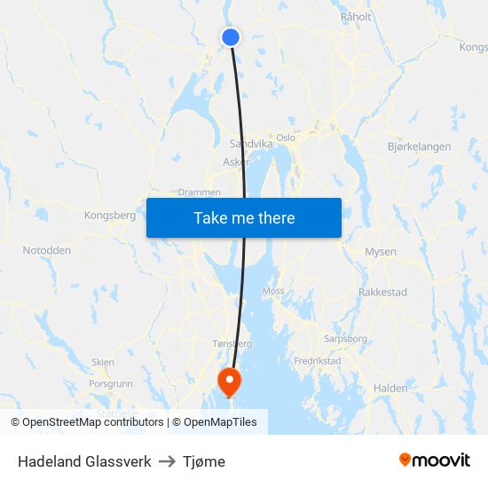 Hadeland Glassverk to Tjøme map