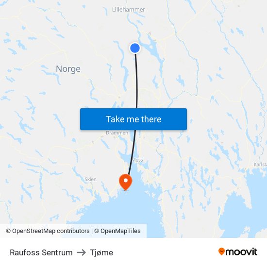 Raufoss Sentrum to Tjøme map