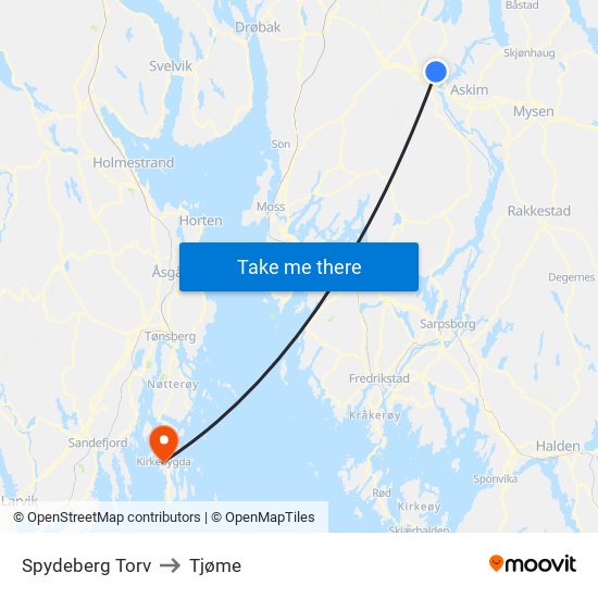 Spydeberg Torv to Tjøme map