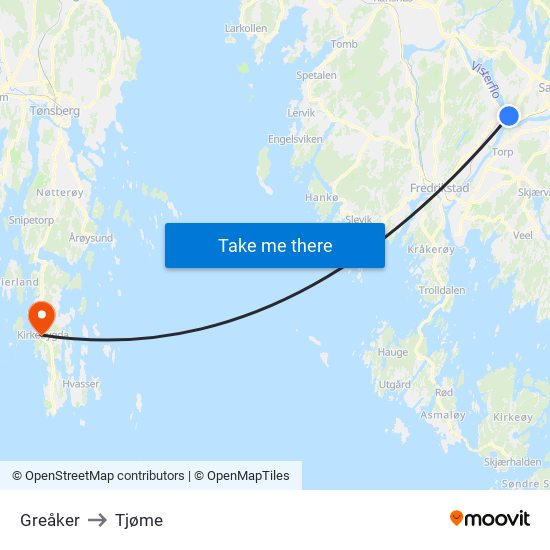 Greåker to Tjøme map