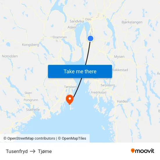 Tusenfryd to Tjøme map
