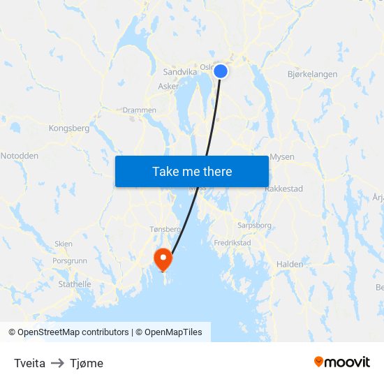 Tveita to Tjøme map