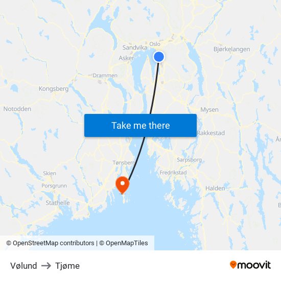 Vølund to Tjøme map