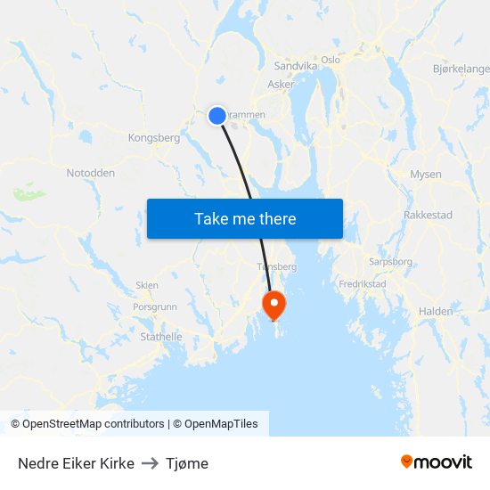 Nedre Eiker Kirke to Tjøme map