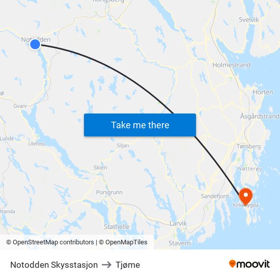 Notodden Skysstasjon to Tjøme map