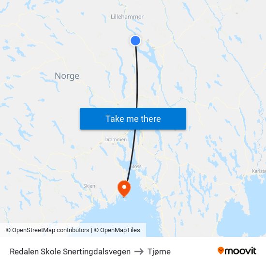 Redalen Skole Snertingdalsvegen to Tjøme map