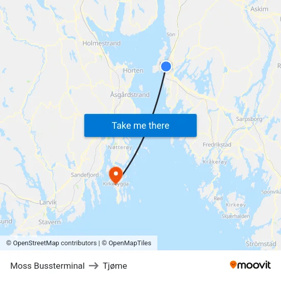 Moss Bussterminal to Tjøme map