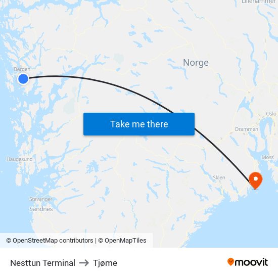 Nesttun Terminal to Tjøme map