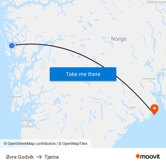 Øvre Godvik to Tjøme map