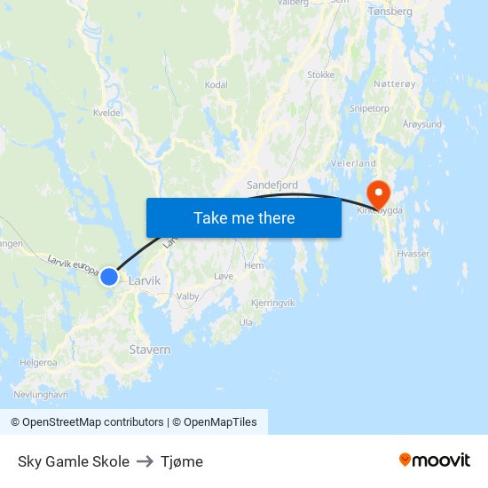 Sky Gamle Skole to Tjøme map