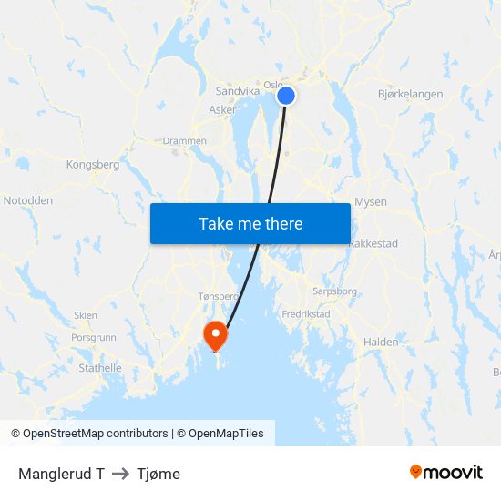 Manglerud T to Tjøme map