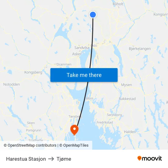 Harestua Stasjon to Tjøme map