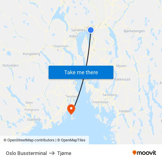 Oslo Bussterminal to Tjøme map