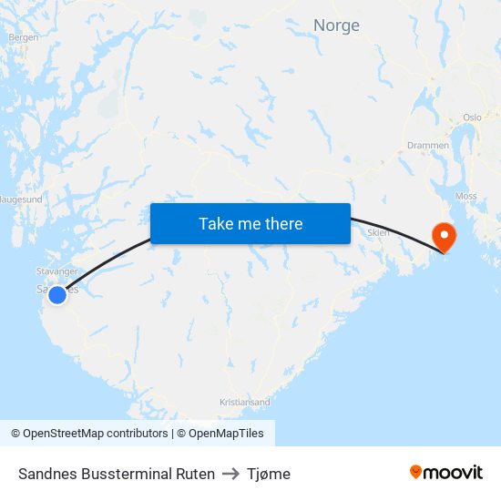 Sandnes Bussterminal Ruten to Tjøme map