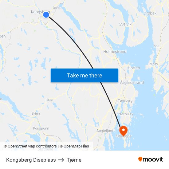 Kongsberg Diseplass to Tjøme map