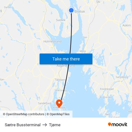 Sætre Bussterminal to Tjøme map