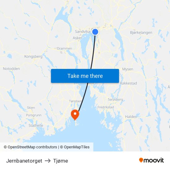 Jernbanetorget to Tjøme map