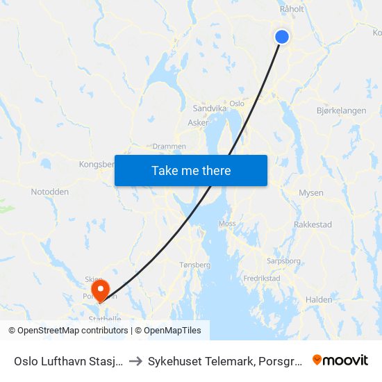 Oslo Lufthavn Stasjon to Sykehuset Telemark, Porsgrunn map