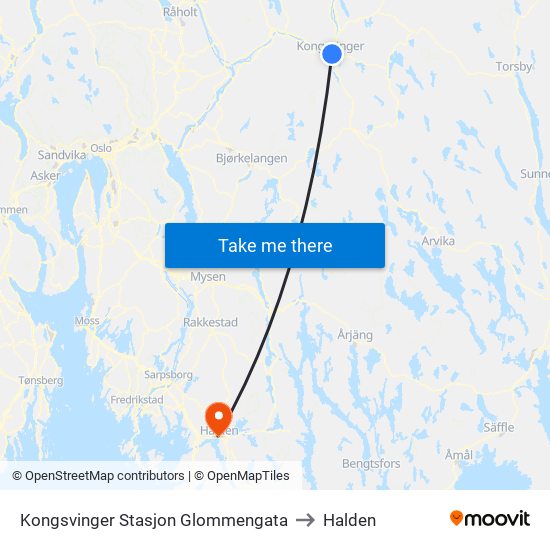 Kongsvinger Stasjon Glommengata to Halden map