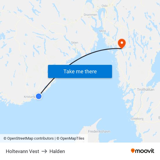 Holtevann Vest to Halden map