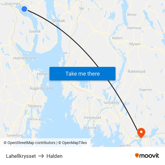 Lahellkrysset to Halden map