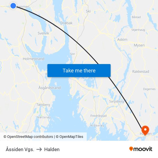 Åssiden Vgs. to Halden map