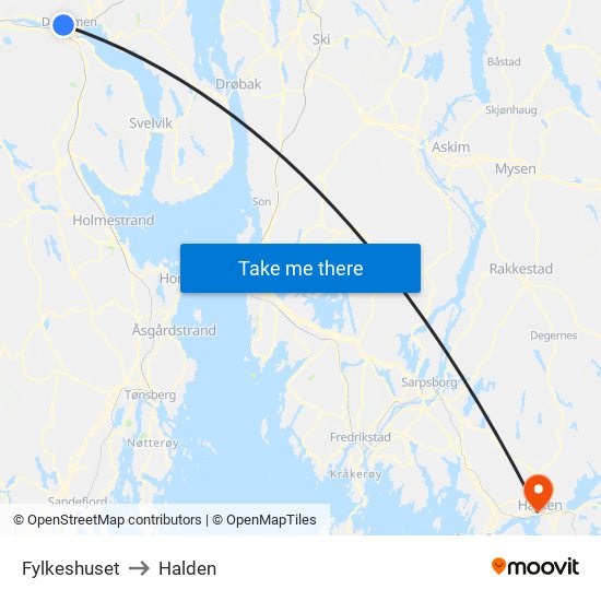 Fylkeshuset to Halden map